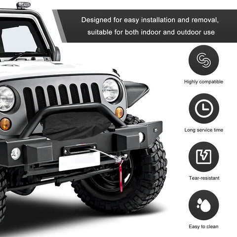 Heavy Duty 600D Oxford Winch Cover Waterproof And Uv Resistant Protector for electric winches, shown on a vehicle's front.