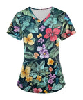 Ultra Comfy Women Nursing Scrubs Set Buttery Soft Stretch Joggers With Deep Pockets Anti Wrinkle Medical Work Uniform Top In Green With Floral Design.