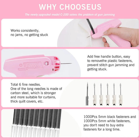Clothing Repair Gun Kit With 5mm Mini Fasteners In Black And White, Durable Invisible Stitches For Quick Hem Fix, Includes 6 Needles, Pink Handle Sewing Tool, 1000 Black And 1000 White Fasteners, Easy On The Go Mending packaging and components