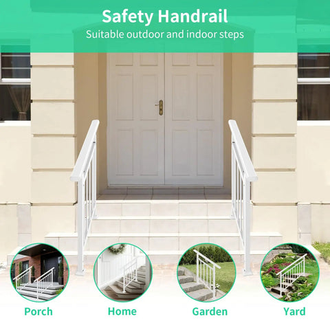 Built Tough Three Step White Metal Handrail For Outdoor Steps And Landings Featuring Solid Iron Frame on porch entrance.