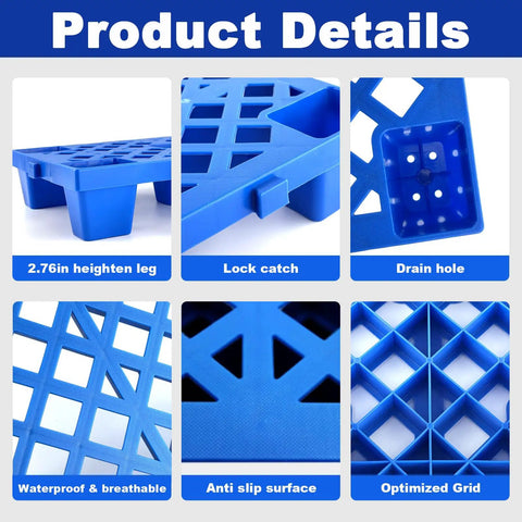 Product details showing six-pack blue plastic pallets with hollow grid surface, highlighted features, and uses for storage.