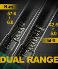 Close-up of dual range measurement scales on Three Eighths Inch Drive Click Torque Wrench Dual Direction Pro Grade Performance 5 To 45 Foot Pounds 6.8 To 61 Nm 90 Tooth Ratchet Chrome Vanadium Steel Includes 5 Inch Extension Bar And Three Eighths Inch Drive Adapter With Storage Case.