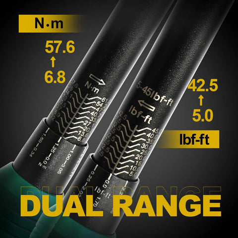 Close-up of dual range measurement scales on Three Eighths Inch Drive Click Torque Wrench Dual Direction Pro Grade Performance 5 To 45 Foot Pounds 6.8 To 61 Nm 90 Tooth Ratchet Chrome Vanadium Steel Includes 5 Inch Extension Bar And Three Eighths Inch Drive Adapter With Storage Case.