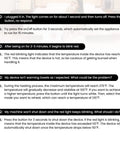 Troubleshooting guide for towel warmer, including solutions for blinking lights and heating issues, text displayed on screen.