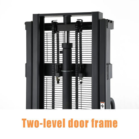 Semi Electric Pallet Stacker With Straddle Legs, 3300 Lb Capacity, 98 Inch Lift Height showing two-level door frame