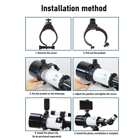 Installation guide for Adjustable Guiding Scope For Telescopes With Stable Platform And Solid Tube Support, includes phone holder hole.