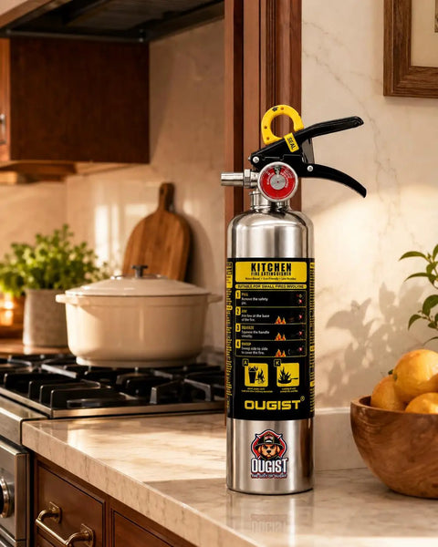 Class K Kitchen Fire Extinguisher Built For Fast Grease Cooking Flare Ups, Two Pack Of 34 Fl Oz Wet Chemical Sprayers on counter.