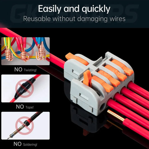 26-Piece Compact Splice Wire Connector Kit with gray insulated connectors showing easy installation for wires, no soldering or tape needed.