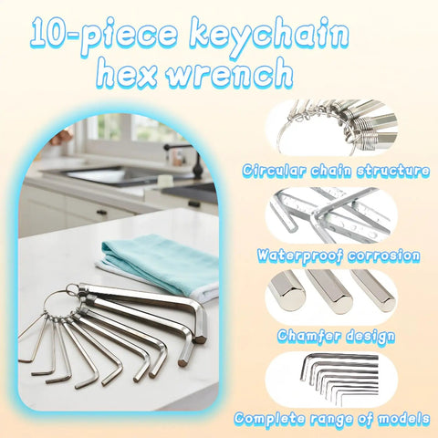 Professional 10 Piece Metric Hex Key Set In Cr-V Steel With Rust-Resistant Ring Holder displayed on kitchen counter