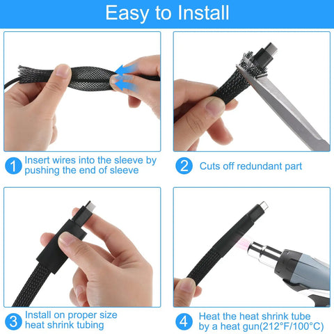 Four-step installation of Expandable Braided Cable Sleeve Kit With 65.6 Ft Total Length, Four 16.4 Ft Rolls, Sleeves, and Tubing.