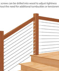 Cable Railing Kit With Stainless Steel Crimp Lag Screws, Adjustable Tightness, One Eighth Inch Outer Diameter on wooden stairs