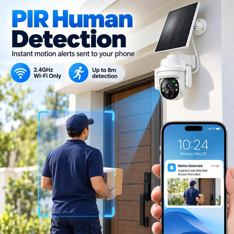 Wireless 2K HD Outdoor Security Camera With Massive 6000mAh Battery And Smart AI Motion Alerts And Rockin Night Vision And Crystal Clear Two Way Audio And Rugged IP65 Weather Armor For Home Defense White detecting a delivery person at the front door.