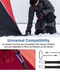 Person setting up Heavy Duty Ice Shelter Tie Down Kit With Two Beefy Grip Self Tapping Anchors And Two Cam Straps for ice fishing tents.