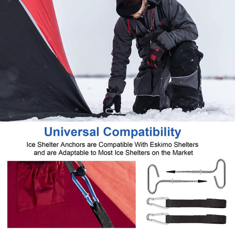Person setting up Heavy Duty Ice Shelter Tie Down Kit With Two Beefy Grip Self Tapping Anchors And Two Cam Straps for ice fishing tents.