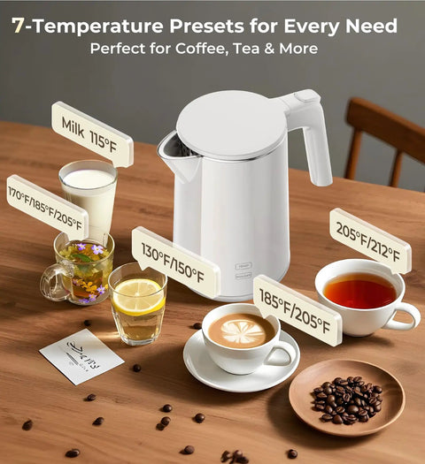 Fast Boil Electric Kettle With 1.0L Capacity 1200W 7 Temperature Settings shown with tea and coffee cups