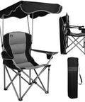 Folding Camping Chair With Canopy Shade And Cup Holders, Beach Ready Seat With Armrests, black chair with carry bag