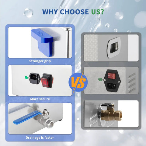 Features of Badass Performance Ultrasonic Cleaner 10 Liter Tank, showing drainage valve, grip, and control switches.