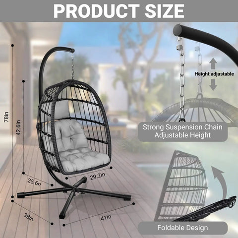 Diagram showcasing dimensions of Egg Chair With Stand For Patio And Garden, Wicker Rattan Hanging Swing Hammock Seat with adjustable chain.