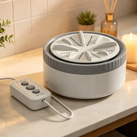 Portable USB Mini Washing Machine With Dead Simple Deep Clean Stain Removal Compact Travel Clothes Washer on a countertop.