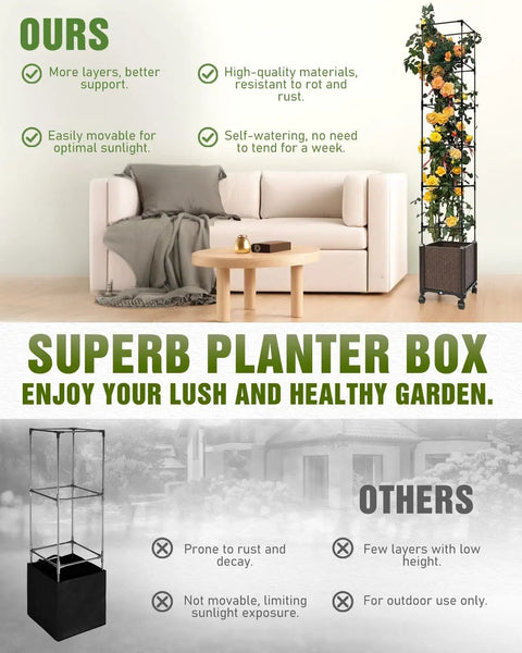Comparison of All In One 71 Inch Trellis Planter Box With Wheels For Growing Vegetables Self Watering Raised Garden Bed For Indoor And Outdoor Use next to sofa and table.