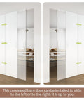 30X84 Inch Flush White Primed Barn Door With Invisible Hidden Track And Soft Close Hardware Kit showcased sliding left and right.