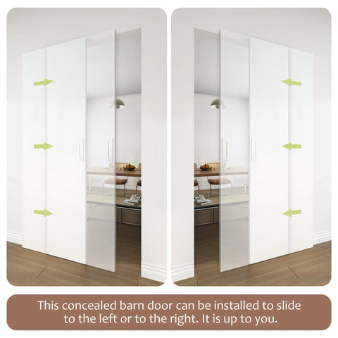 30X84 Inch Flush White Primed Barn Door With Invisible Hidden Track And Soft Close Hardware Kit showcased sliding left and right.