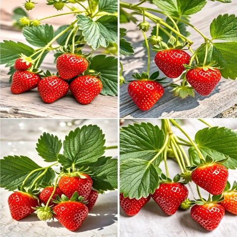 Four images of vibrant red strawberries on plants for Massive 1700 Piece Mixed Fruit Seed Kit For Backyard Garden Planting.