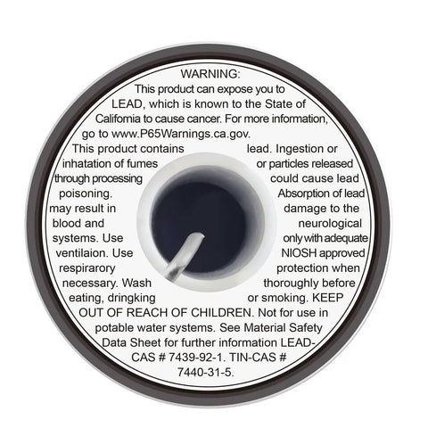 Label of 60/40 Stained Glass Solder for Copper Foil, 3mm Diameter, 1 Pound Spool, Tin Lead Alloy, showing safety warnings.