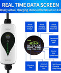 SAE J1772 Portable Level 2 EV Charger 32 Amp 90 To 260 Volt 7 KW Wall Connector LCD display showing charging status.