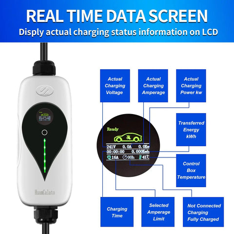 SAE J1772 Portable Level 2 EV Charger 32 Amp 90 To 260 Volt 7 KW Wall Connector LCD display showing charging status.