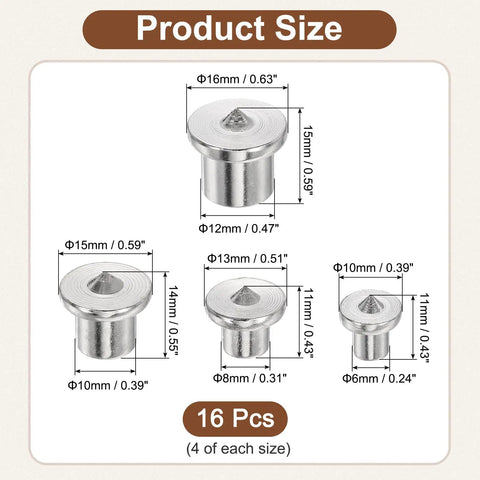 Product size chart for 16 Piece Handy Hollow Dowel Center Pins Set For Woodworking Transfer Plugs For 1/4 5/16 3/8 1/2 Inch Holes