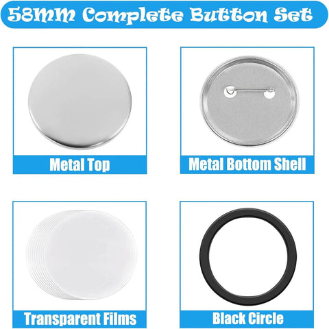 Components of Dope 58mm Button Maker Kit For DIY Badges With 100 Sets And 10 Bonus Keychains shown individually.