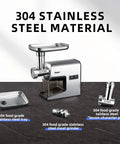 Heavy Duty Electric Meat Grinder Crushing Tough Cuts Up To Five Pounds A Minute Powered By Pure Copper Motor Featuring Robust Metal Gears And Top Shelf 304 Stainless Steel Blades with stainless steel tray and attachments.