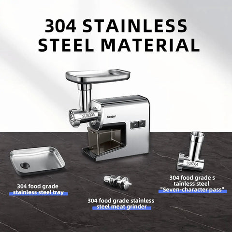 Heavy Duty Electric Meat Grinder Crushing Tough Cuts Up To Five Pounds A Minute Powered By Pure Copper Motor Featuring Robust Metal Gears And Top Shelf 304 Stainless Steel Blades with stainless steel tray and attachments.