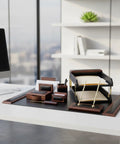 Walnut And Black Leather Desk Set, 10-Piece Office Organizer Kit, Top-Grain Leather With Walnut-Stained Rosewood on modern desk