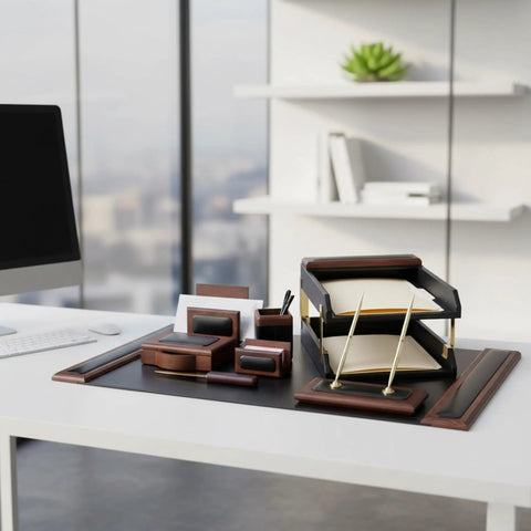 Walnut And Black Leather Desk Set, 10-Piece Office Organizer Kit, Top-Grain Leather With Walnut-Stained Rosewood on modern desk