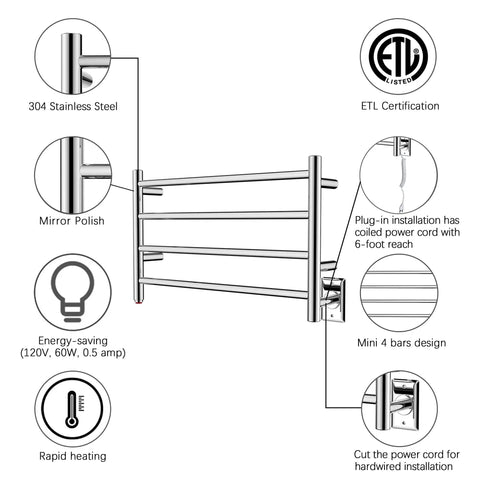 Diagram of 4 Bar Towel Warmer Wall Mount Drying Rack With Mirror Polish Stainless Steel 304 Plug In Bath Heater Ultra Fast 60W.