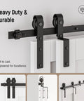 Bypass Sliding Barn Door Hardware Kit With Single Track System In Frosted Black Carbon Steel showing installation on doors