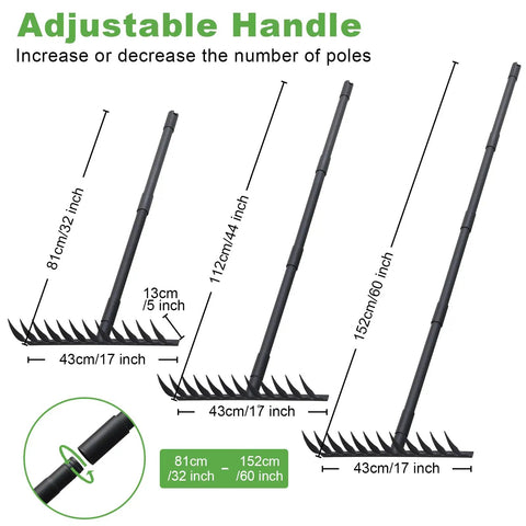 Heavy Duty Bow Rake With 60 Inch Adjustable Stainless Steel Handle, 17 Inch Wide Metal Head And 12 Sharp Teeth for soil and mulch