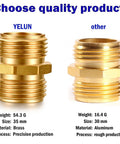 Comparison of brass and aluminum hose connectors with specifications on weight, size, material, and production process shown.