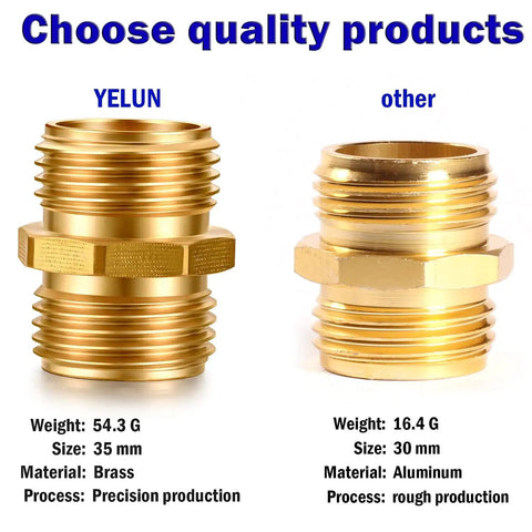 Comparison of brass and aluminum hose connectors with specifications on weight, size, material, and production process shown.