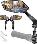 Two Pack Bike Mirrors for Handlebars With Real Glass Flat Lens, showing urban street view, tools included for installation.