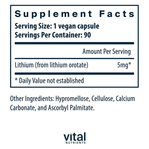 Supplement facts for Lithium Orotate 5mg Vegan Brain Boost for Memory and Mood, Behavioral Health and Calm Vibes, Stress Balance