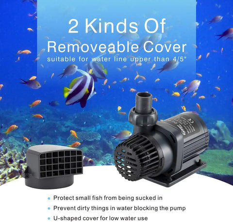 24V DC Inline Submersible Saltwater Aquarium Pump With External Controller, shown with 2 removable covers.