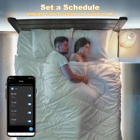 Couple sleeping under simulated sunrise using 16.4 Ft Smart LED Strip Light With App And Remote 6500K Cool White Cob LEDs WiFi Enabled