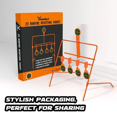Auto Reset Steel Target For.22 Caliber Rimfire Handguns And Rifles Neon Orange with packaging, showing top plate and four targets