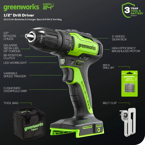 Beast Power Cordless 24V Brushless Drill Kit With Half Inch Keyless Chuck 18 Plus 1 Position Clutch Variable Speed 310 In-Lb Torque Includes Two 2Ah Batteries Fast Charger LED Light And Tool Bag