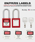 Image of 10 Pack Red Lockout Tagout Padlocks Set, Keyed Alike With 1 Key Per Lock, OSHA Compliant LOTO Industrial Grade Locks, with labels.