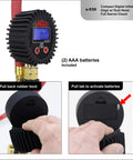 Compact Digital Tire Inflator With Gauge 255 PSI, Dual Head Chuck, 15 Inch Hose, 2.5 Inch Dial, 360 Swivel, Backlit Display, Pro Grade Industrial Build, Made In USA, Matte Black shown with battery compartment and installation steps.