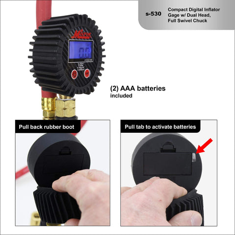 Compact Digital Tire Inflator With Gauge 255 PSI, Dual Head Chuck, 15 Inch Hose, 2.5 Inch Dial, 360 Swivel, Backlit Display, Pro Grade Industrial Build, Made In USA, Matte Black shown with battery compartment and installation steps.
